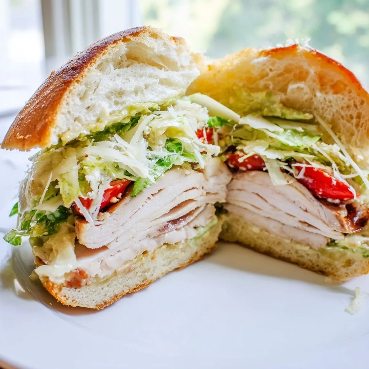 Grilled Chicken Caesar Sandwich with crisp romaine and creamy dressing on golden toasted ciabatta