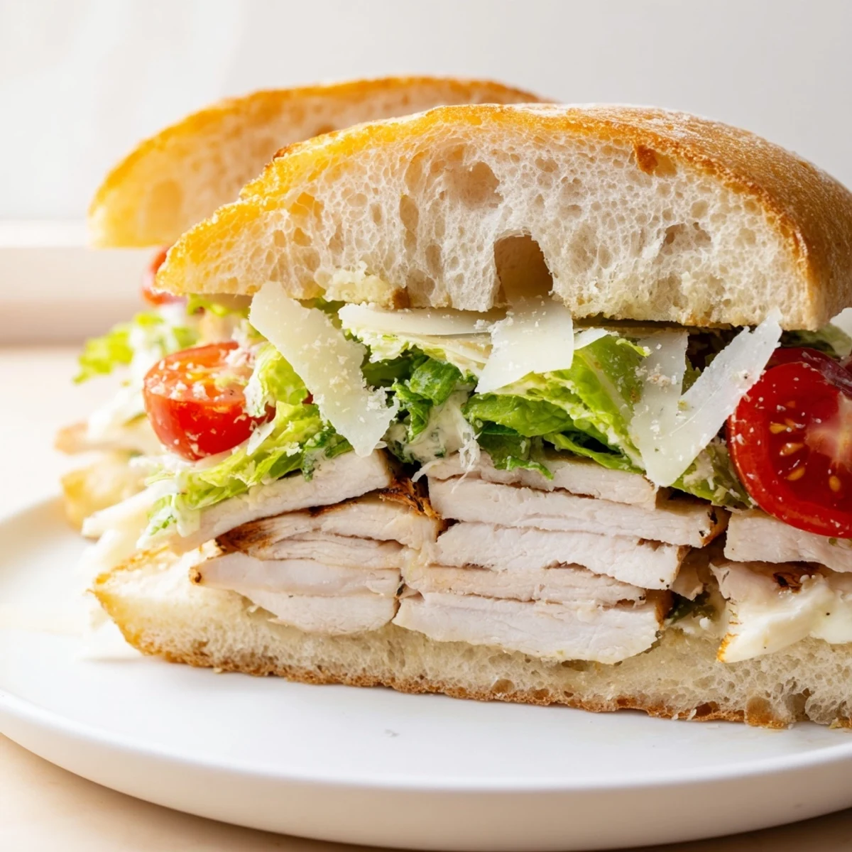 Juicy sliced chicken topped with shaved Parmesan and fresh lettuce on a crusty roll