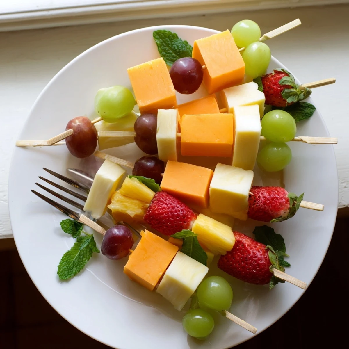 Colorful fruit and cheese kabobs arranged on platter with grapes strawberries pineapple and cheddar cubes