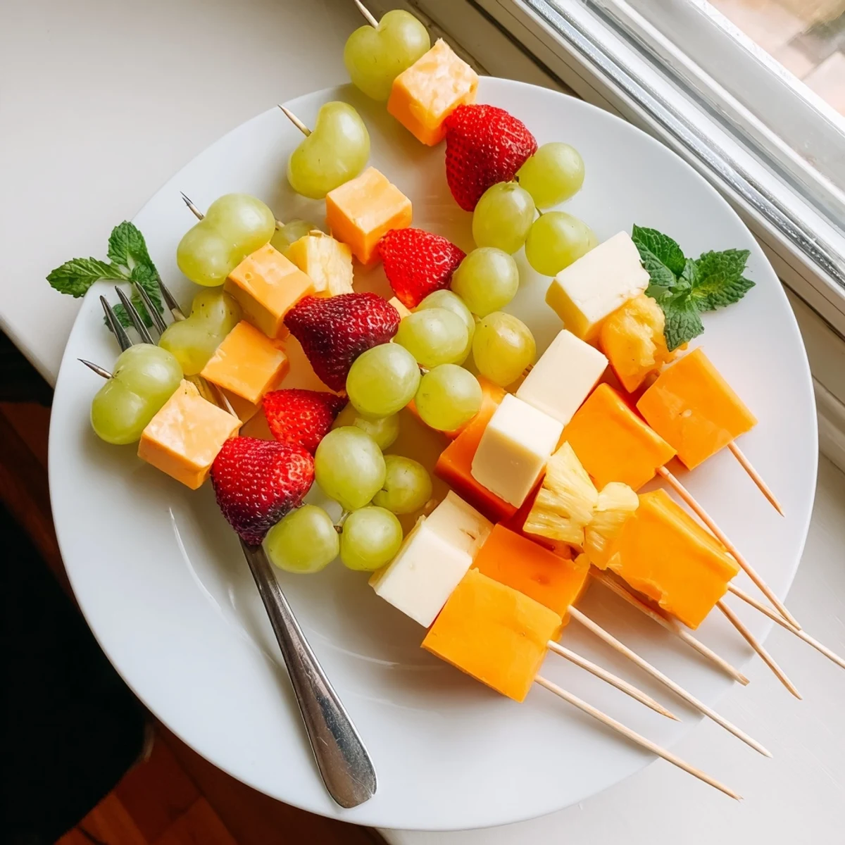 Fresh fruit and cheese kabobs featuring alternating red grapes pineapple chunks and creamy mozzarella squares