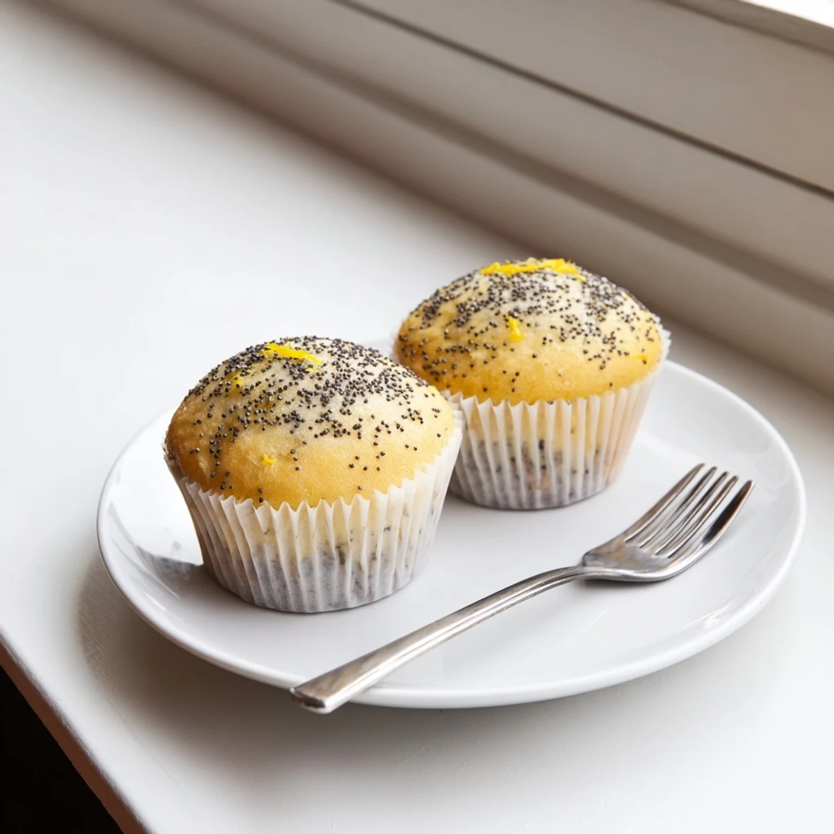 Golden lemon poppy seed muffins with domed tops fresh from the oven on a cooling rack