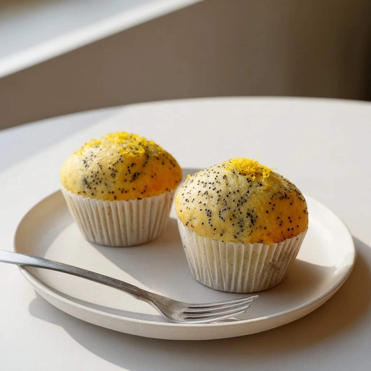 Moist lemon poppy seed muffins studded with speckled seeds beside a steaming cup of tea