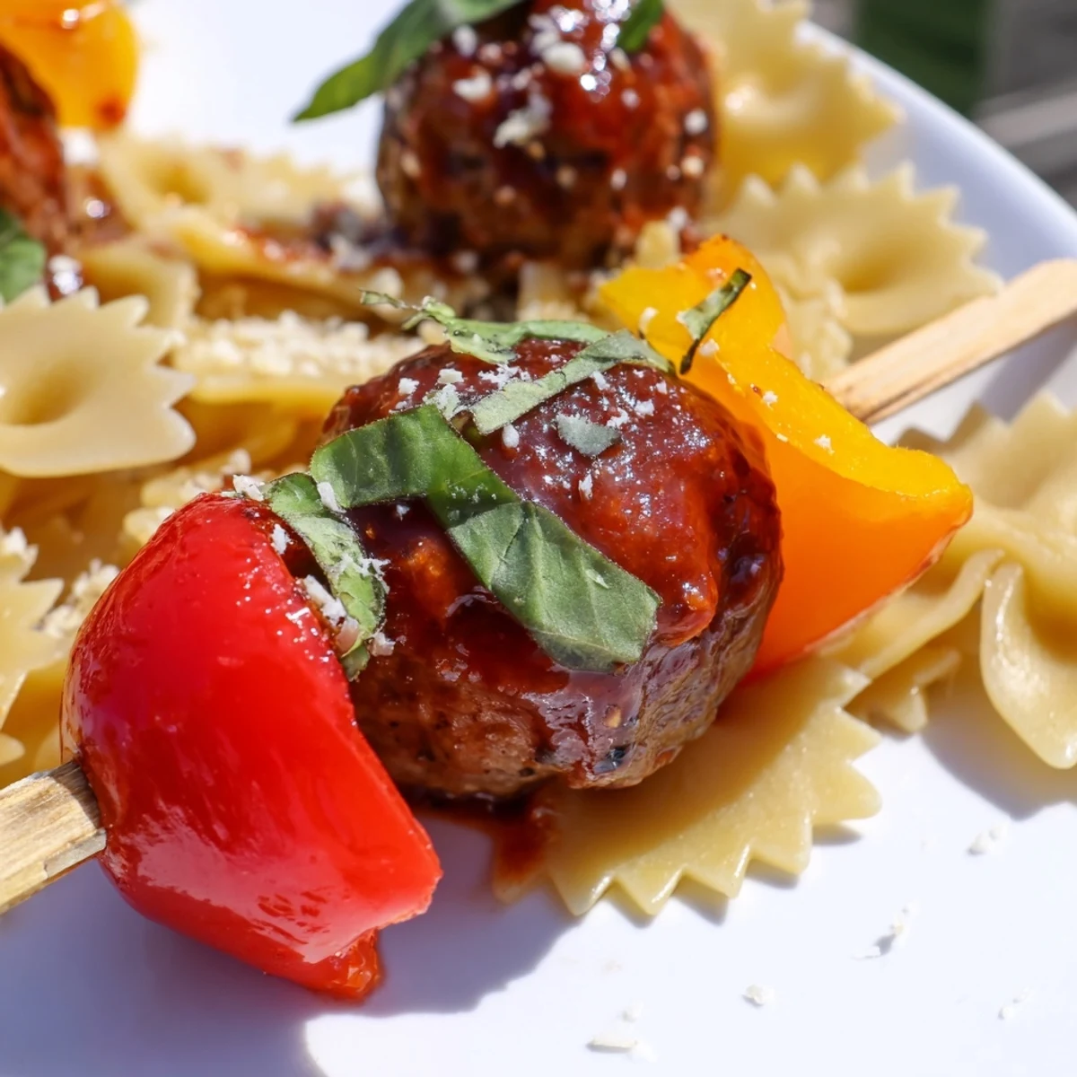 Golden bowtie pasta and cocktail meatball skewers drizzled with glossy sauce on a white platter