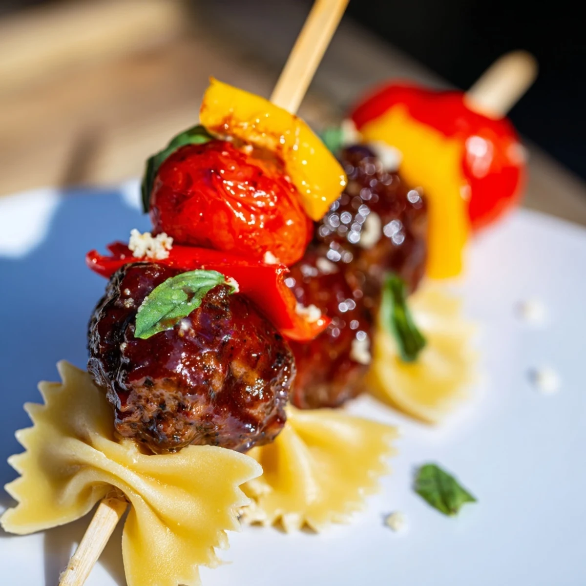 Colorful bowtie pasta and cocktail meatball skewers arranged with red peppers and ripe tomatoes
