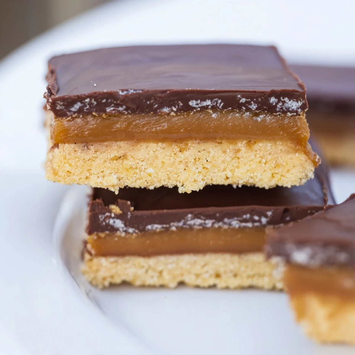 Golden Healthy Twix Bars with glossy chocolate topping and thick date caramel layer