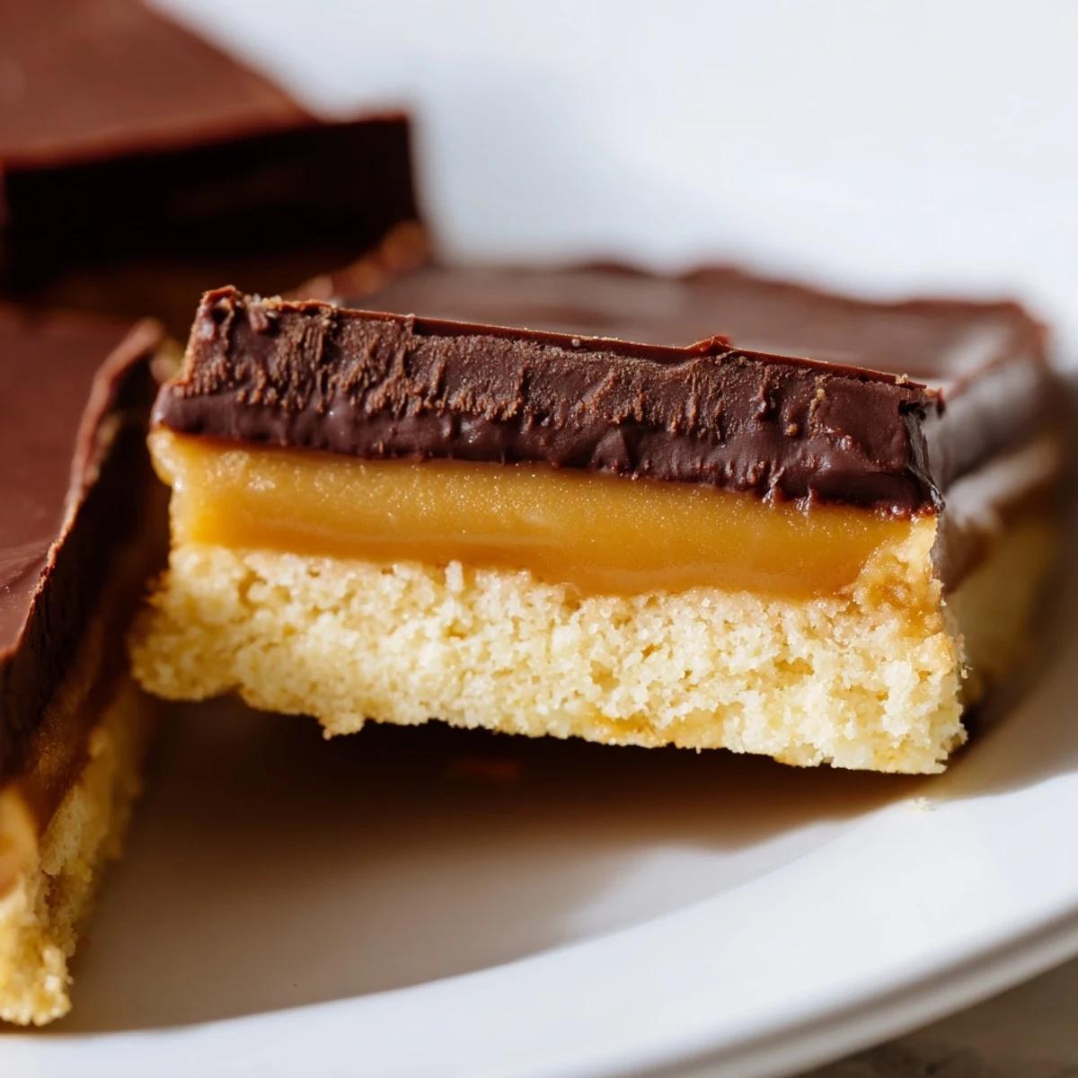 Chilled Healthy Twix Bars cut into squares revealing nutty crust and caramel