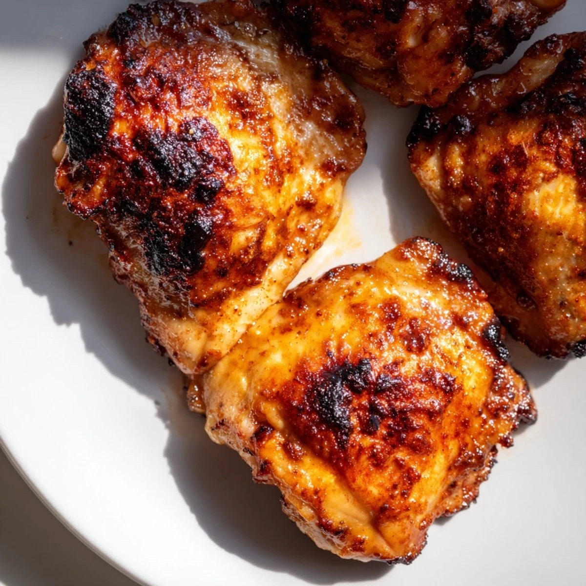 Juicy roasted chicken thighs coated in killer chicken thigh marinade with caramelized herb edges
