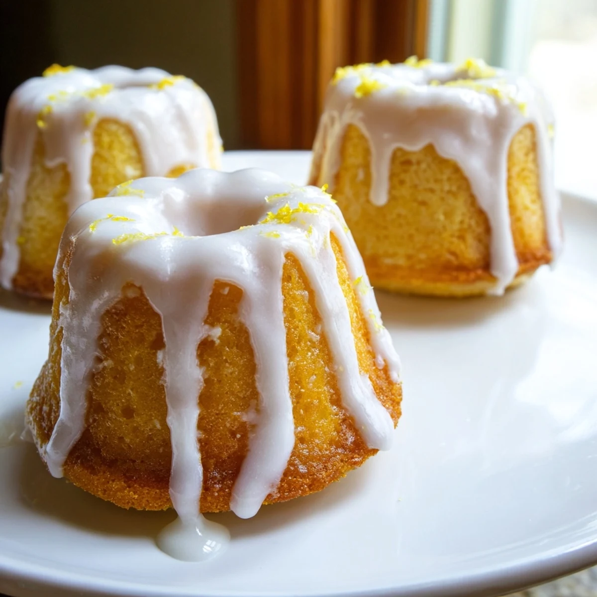 Golden mini lemon cakes with drizzled glaze on a white serving plate