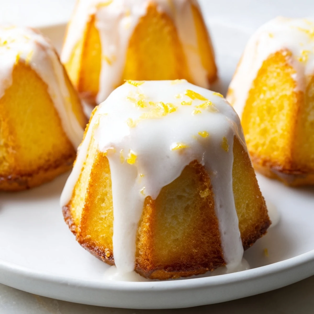 Moist mini lemon cakes topped with sweet citrus icing close-up