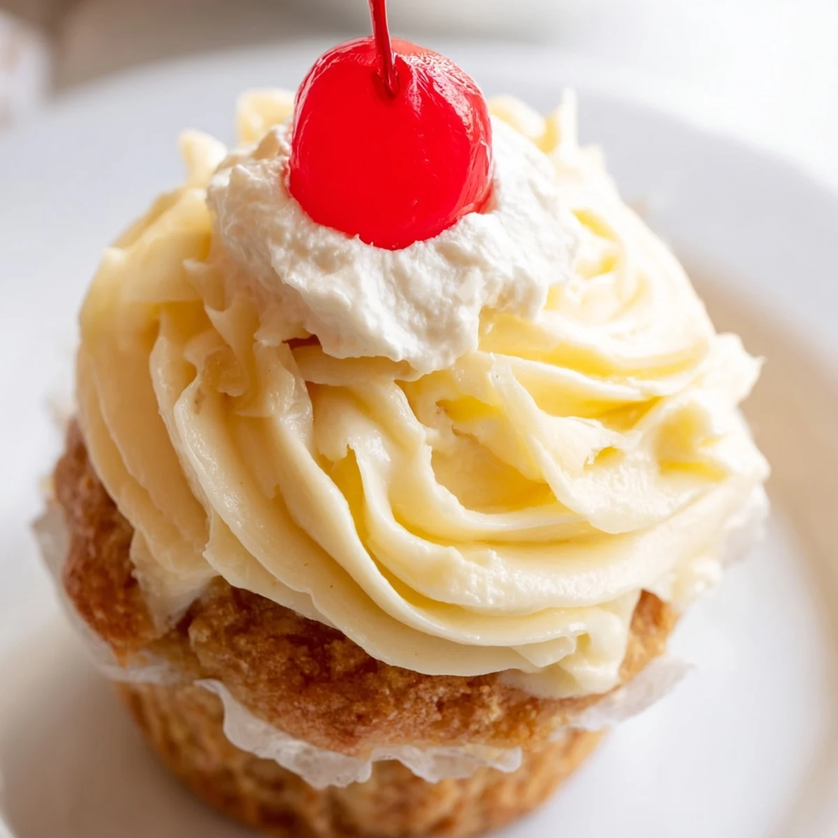 Golden banana milkshake cupcakes with fluffy swirled frosting served on a rustic white ceramic plate