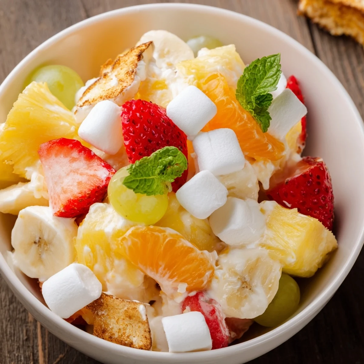 Creamy Hawaiian Cheesecake Salad loaded with fresh pineapple, strawberries, and mandarin oranges in a fluffy bowl