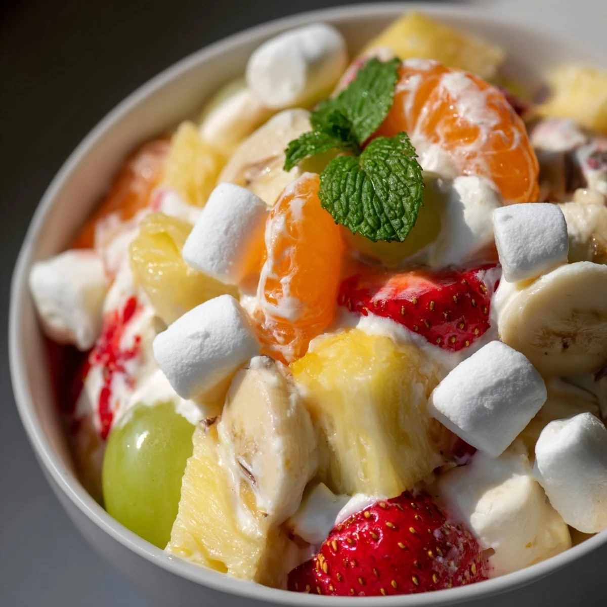 Tropical Hawaiian Cheesecake Salad topped with toasted coconut and fresh mint for a refreshing dessert