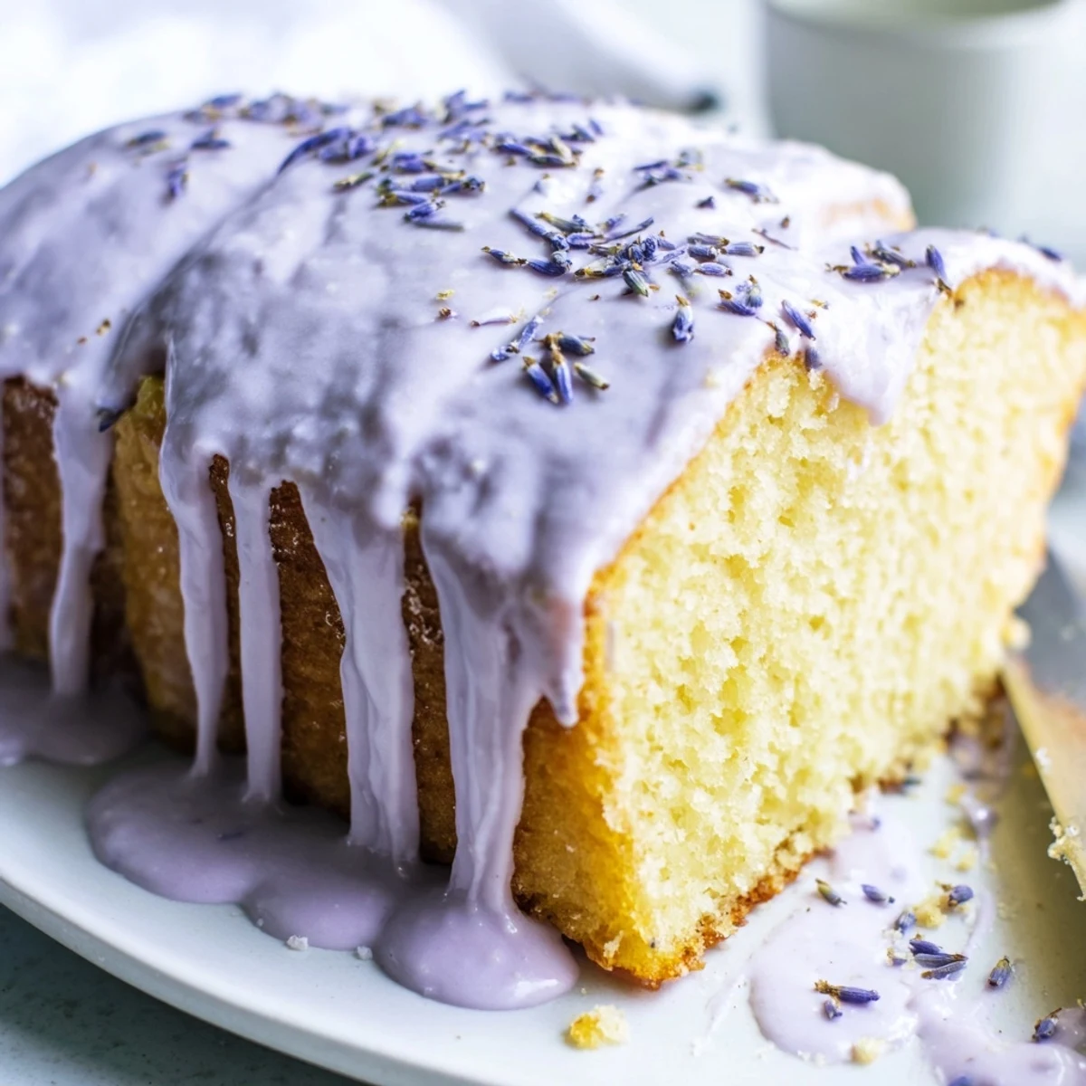Smooth lavender glaze drizzled over a golden pound cake slice on a white plate