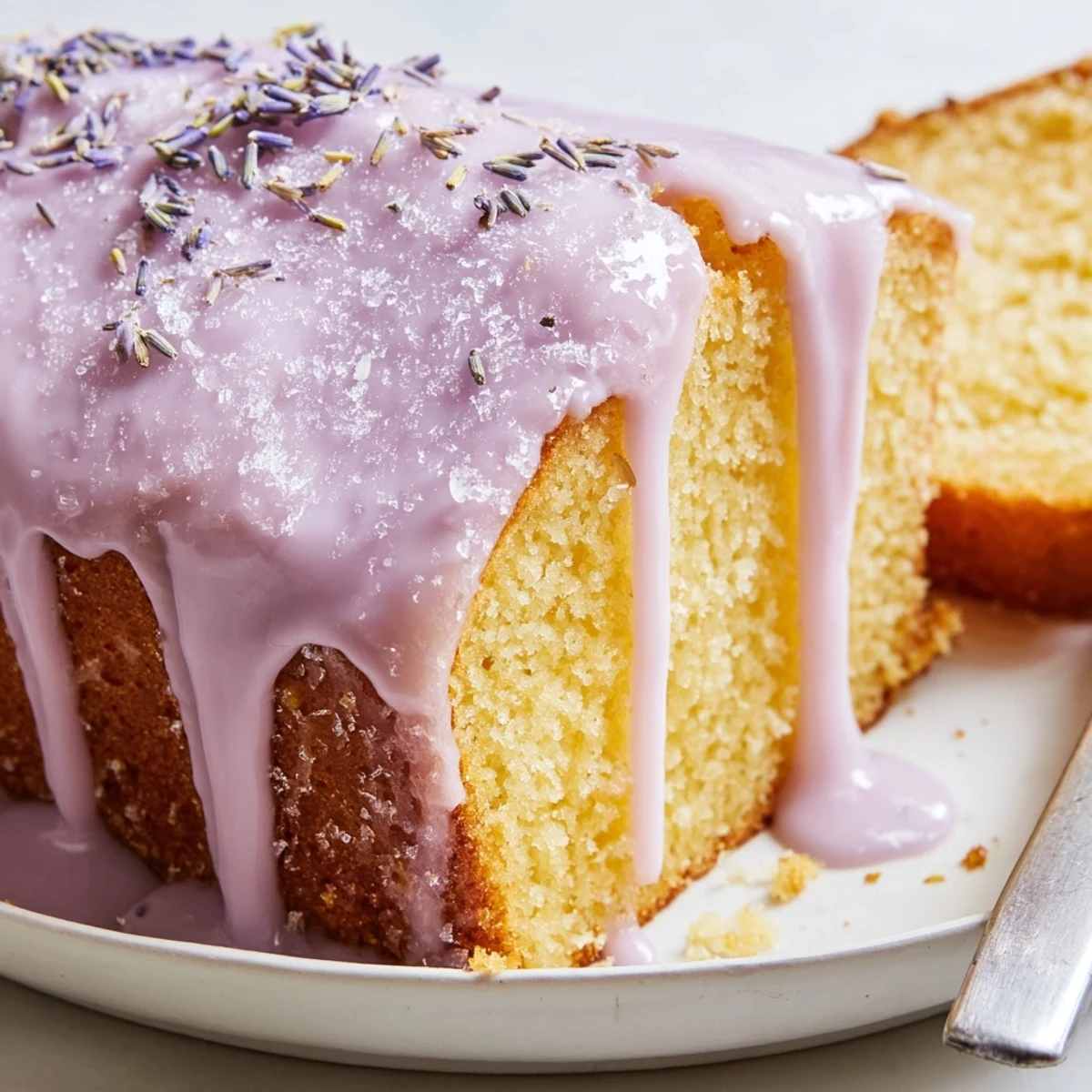 Glossy lavender glaze pooling atop freshly baked scones with delicate purple streaks