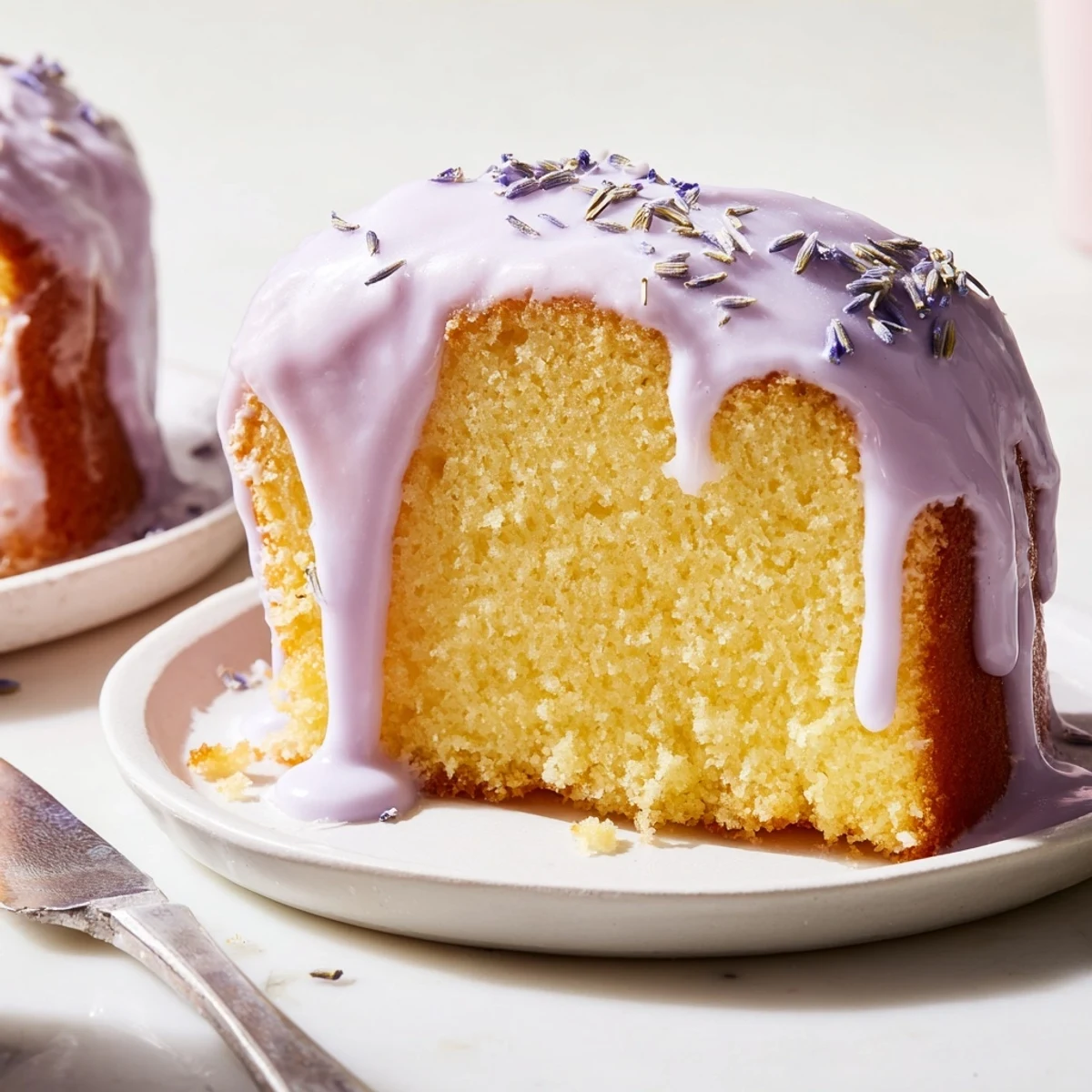 Thick lavender glaze cascading down a Bundt cake crowned with scattered lavender buds