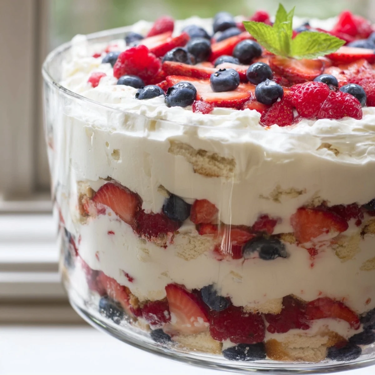 Red White Blue Mixed Berry Yum Yum layered in a clear trifle bowl with fresh strawberries and blueberries