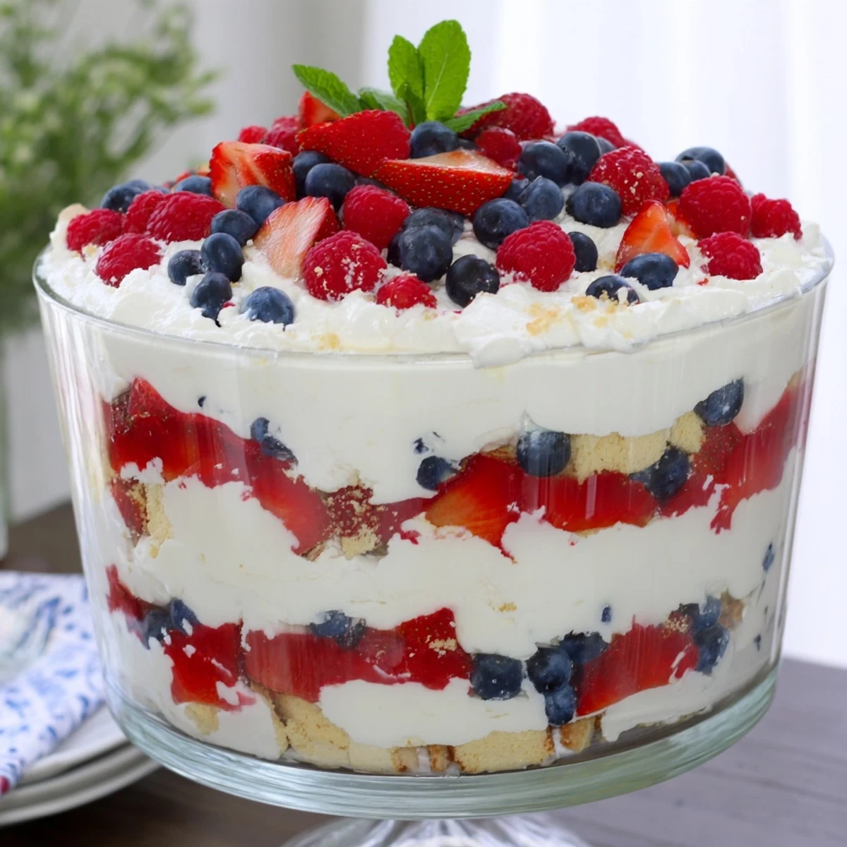 Red White Blue Mixed Berry Yum Yum showcasing luscious whipped filling and juicy berries over crushed shortbread