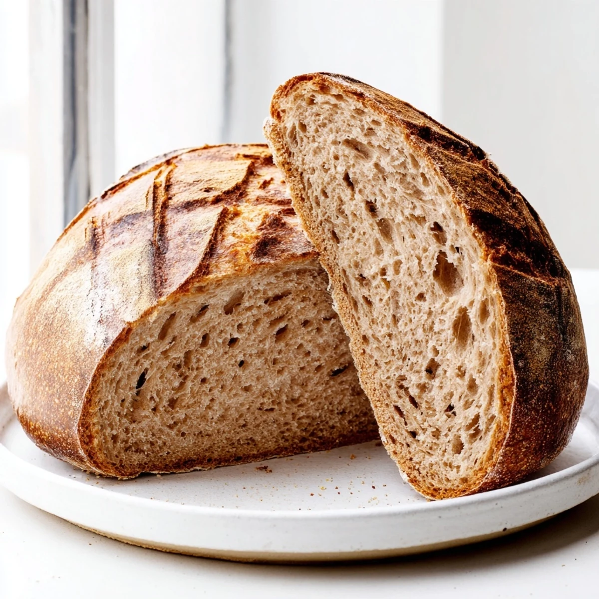 A golden crusty sourdough bread loaf cooling on a wire rack with rustic cracks