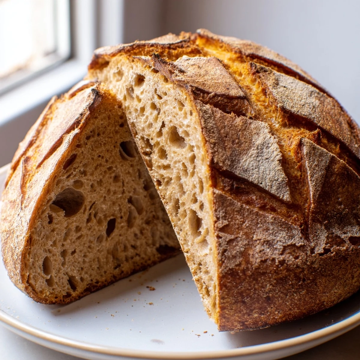 Artisan sourdough bread fresh from a Dutch oven scored with an elegant pattern