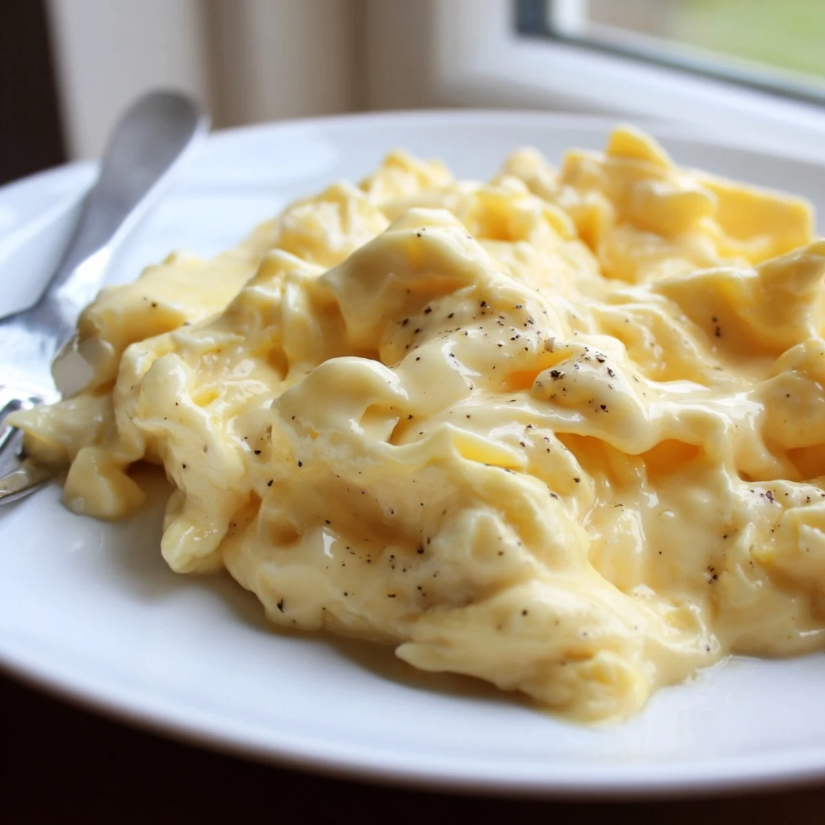 Creamy scrambled eggs piled on a plate with golden buttery curds steaming softly