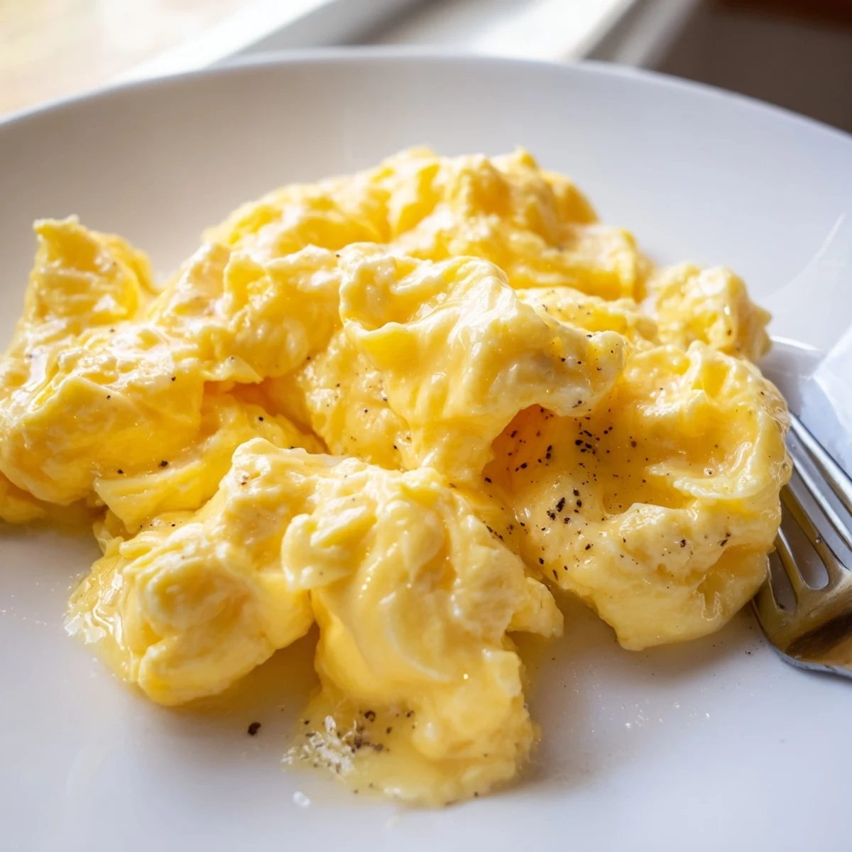 Fluffy scrambled eggs served on white toast with a side of fresh herbs