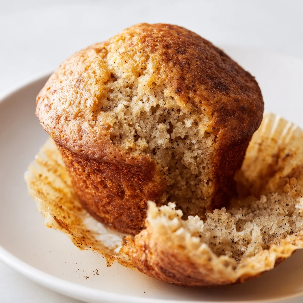 Moist banana muffins wrapped in parchment liners dusted with cinnamon beside melted butter