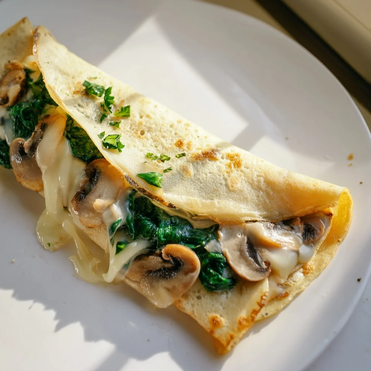Golden savory crepes folded around sautéed spinach, mushrooms, and melted Gruyère cheese