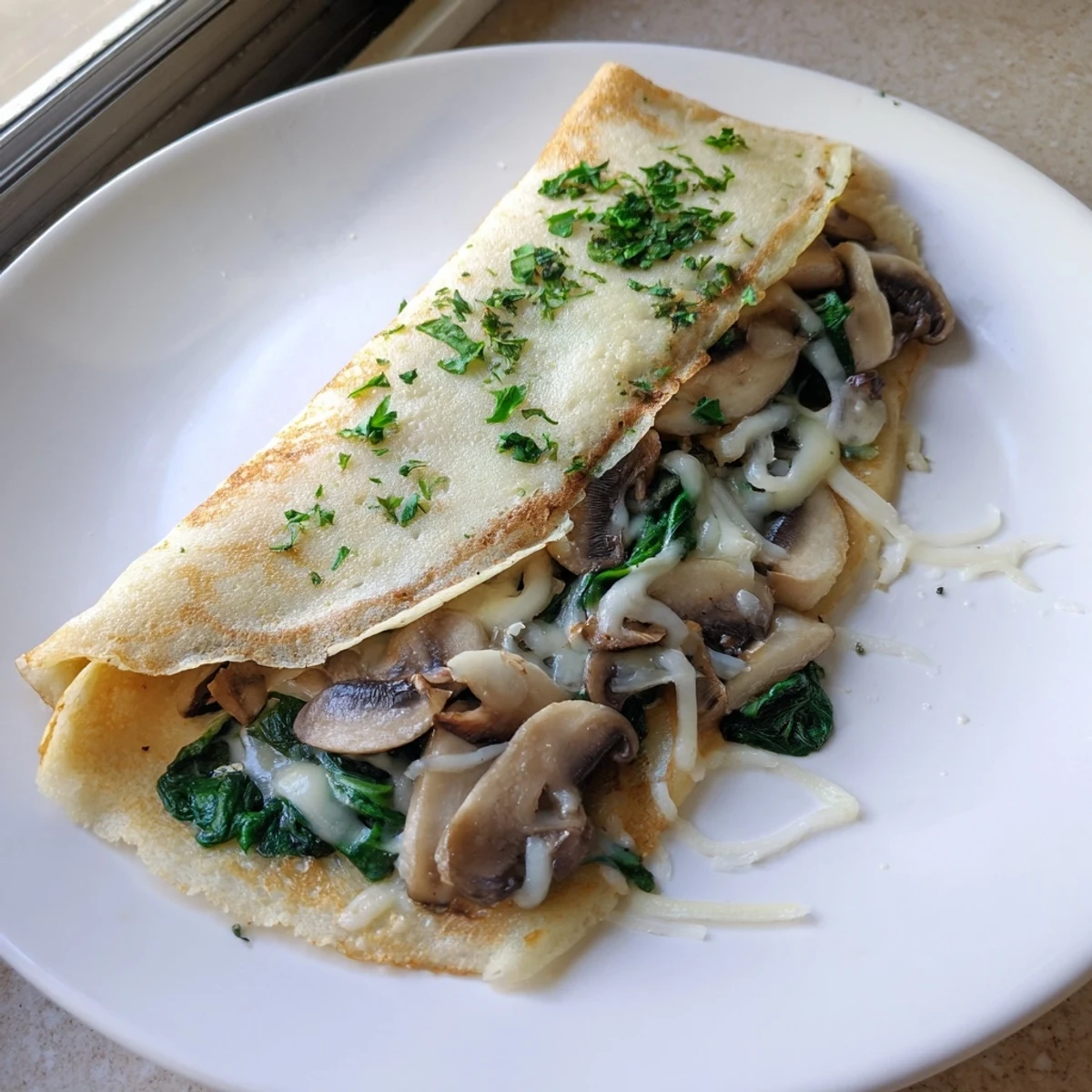 Savory crepes draped over a plate, oozing melted cheese and fresh herbs