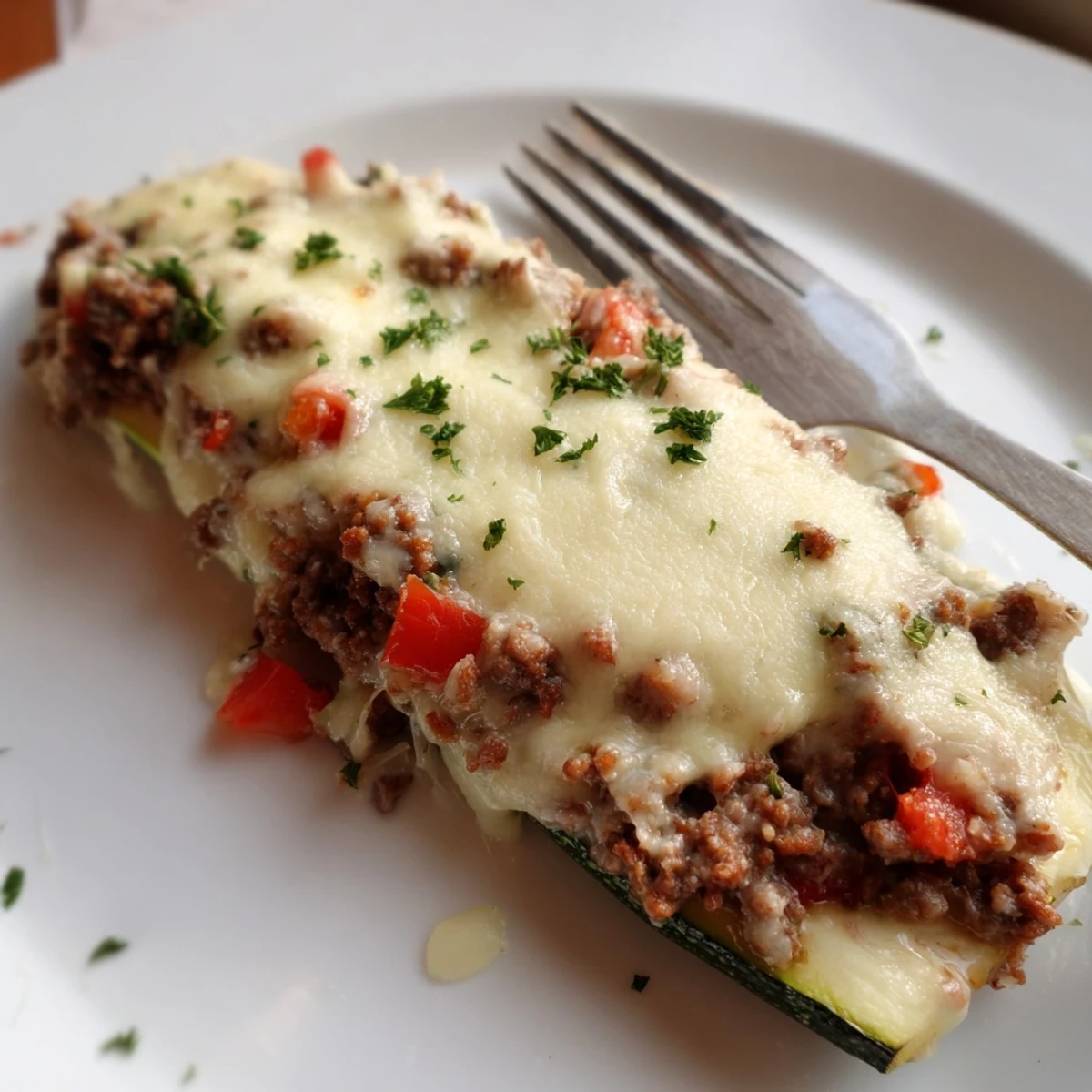 Cheesy stuffed zucchini boats with ground beef garnished with chopped fresh parsley