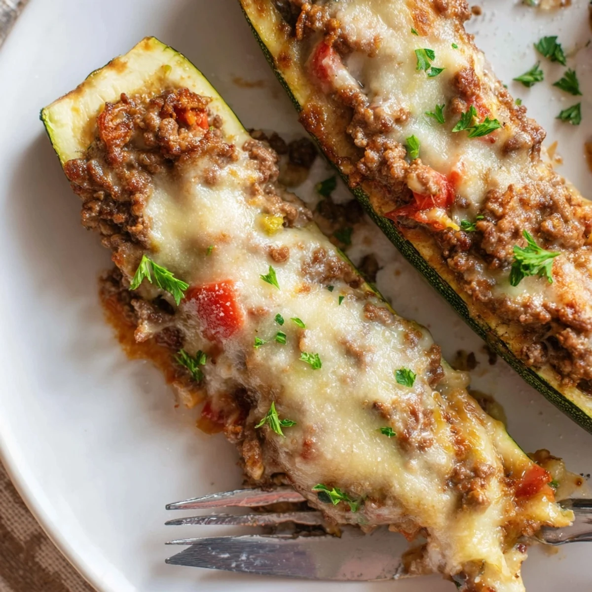Golden baked stuffed zucchini boats with ground beef and melted mozzarella cheese