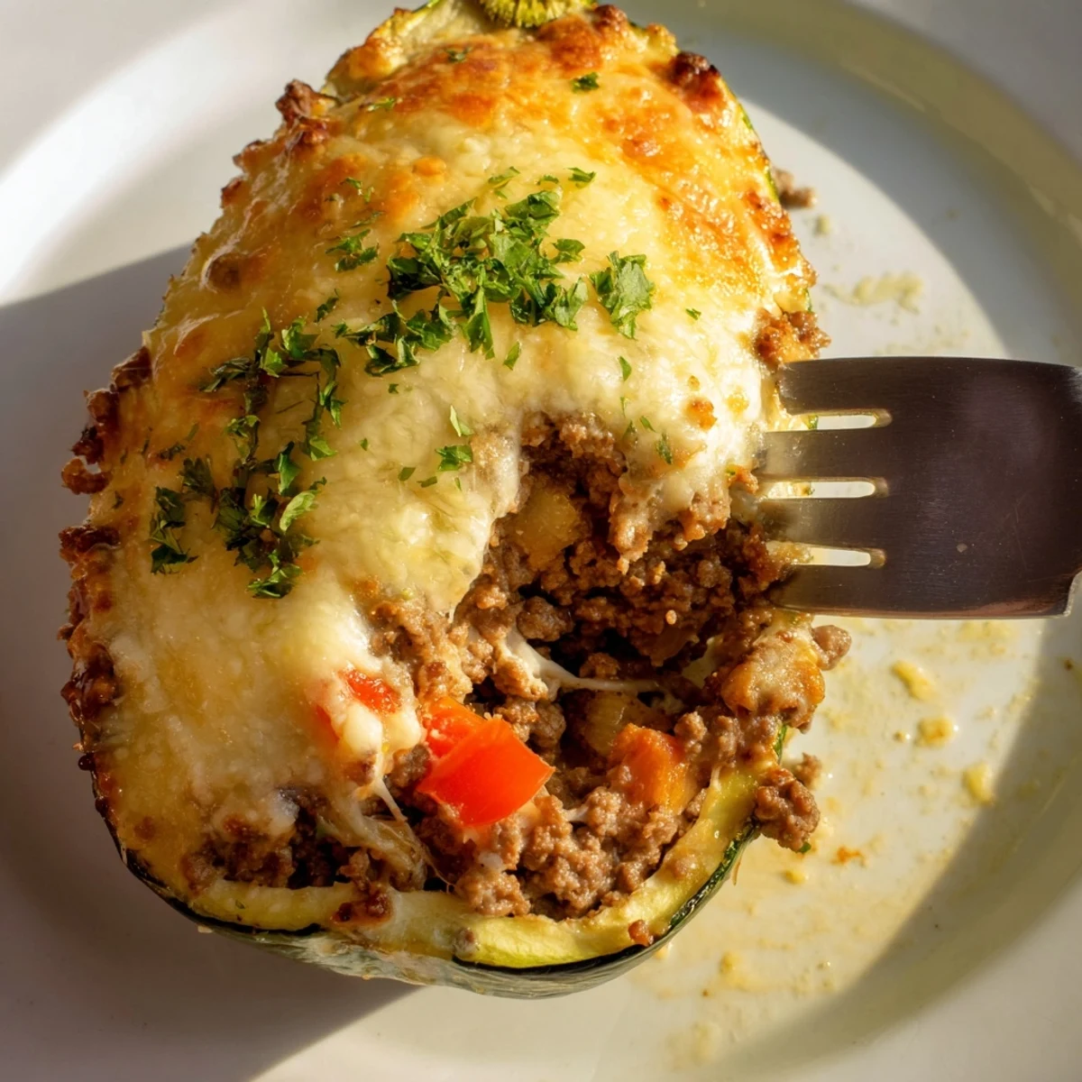 Savory ground beef stuffed zucchini boats served fresh from a baking dish