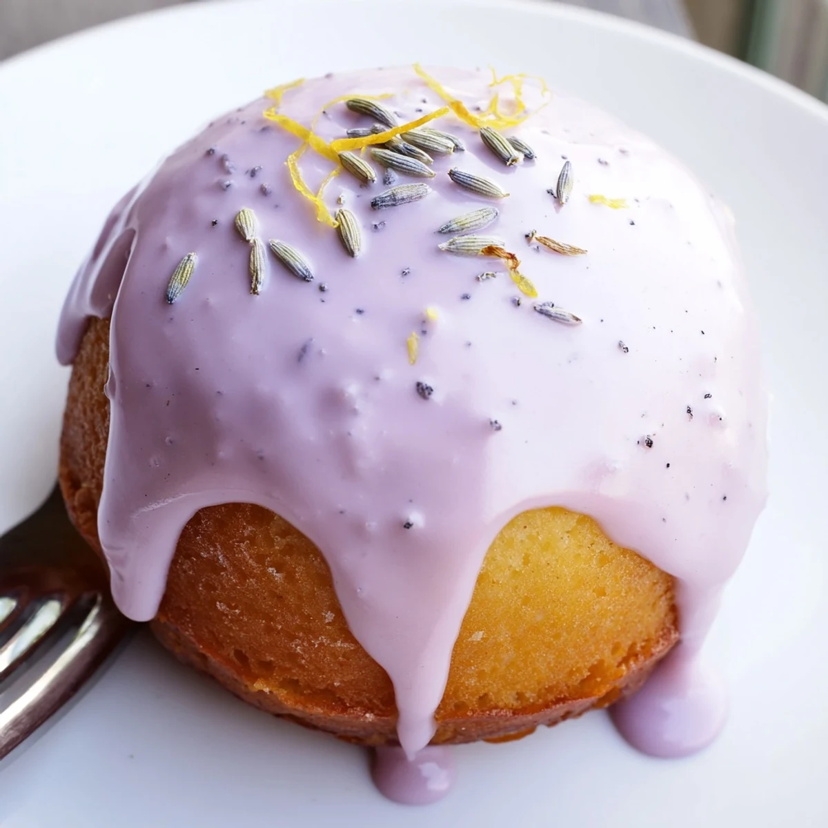 Golden mini lemon cakes drizzled with purple lavender glaze on a white plate