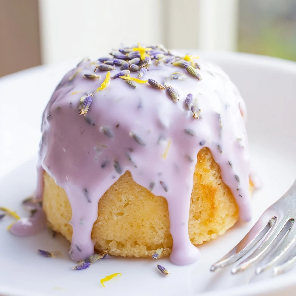 Tender mini lemon cakes with aromatic lavender glaze served alongside a steaming cup of tea