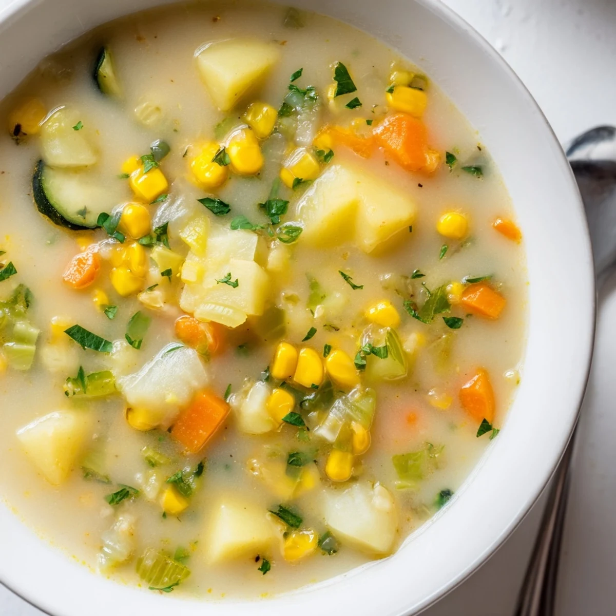 Golden corn kernels and tender diced potatoes in a creamy vegetable soup.