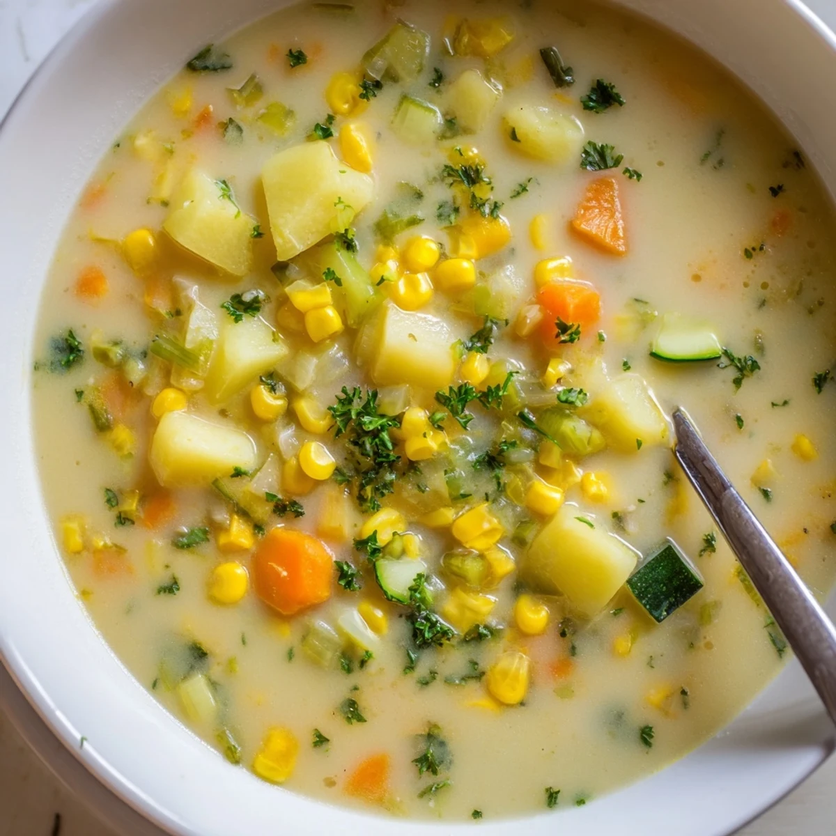A rustic bowl of hearty potato corn zucchini soup served with crusty bread.