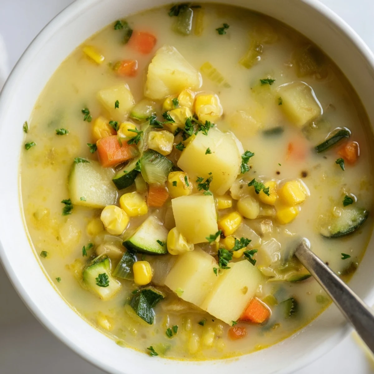 Steaming bowl of hearty potato corn zucchini soup garnished with fresh parsley.