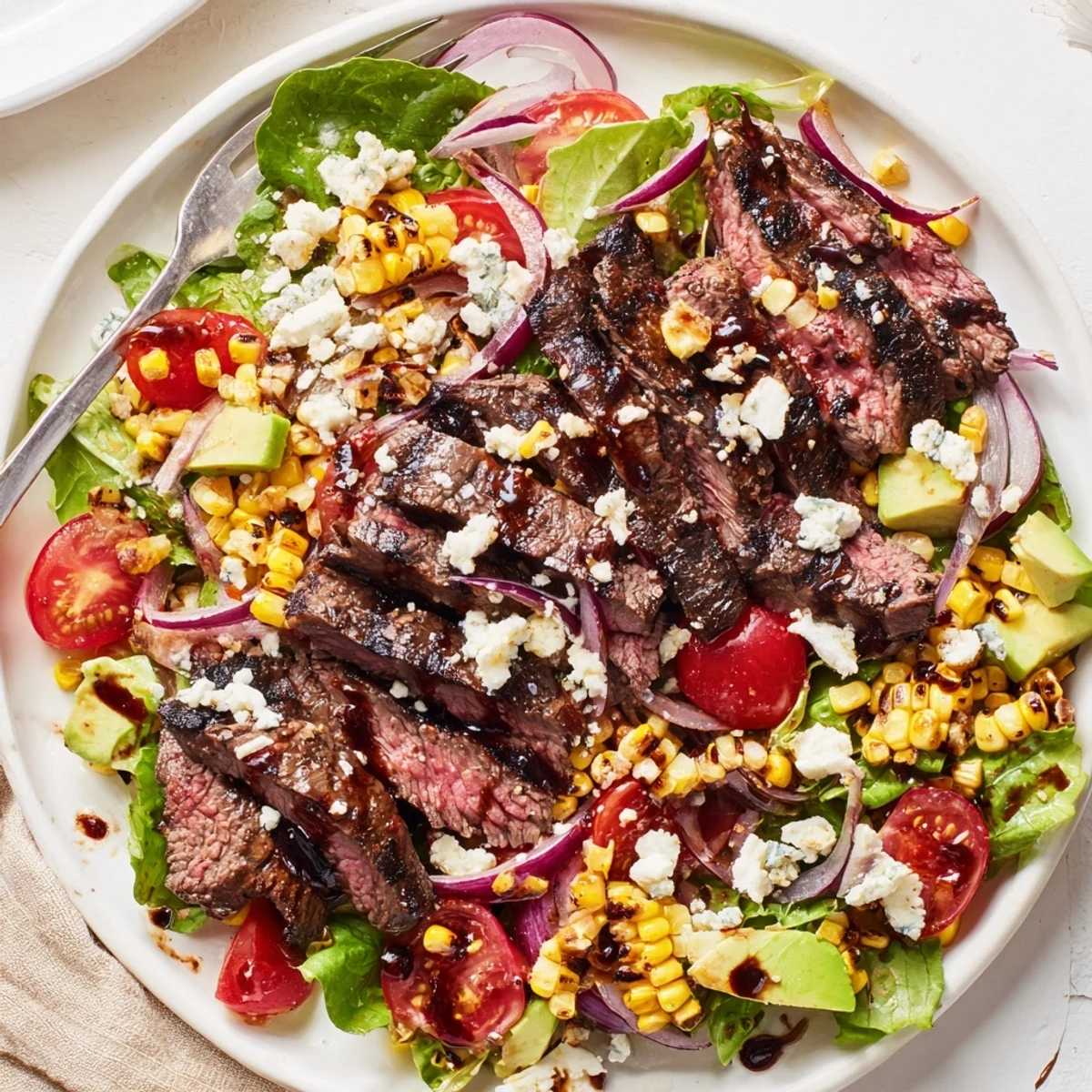 Balsamic steak Gorgonzola salad plated with sweet grilled corn cherry tomatoes and avocado