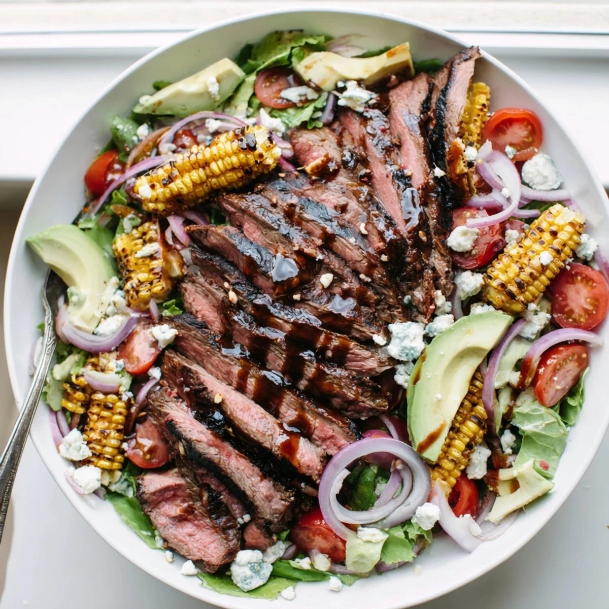 Juicy marinated flank steak on a vibrant salad with charred corn and creamy cheese