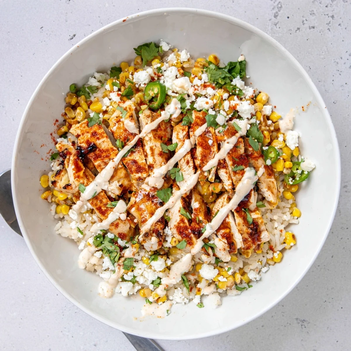 Golden street corn chicken rice bowl topped with creamy sauce and crumbled cotija