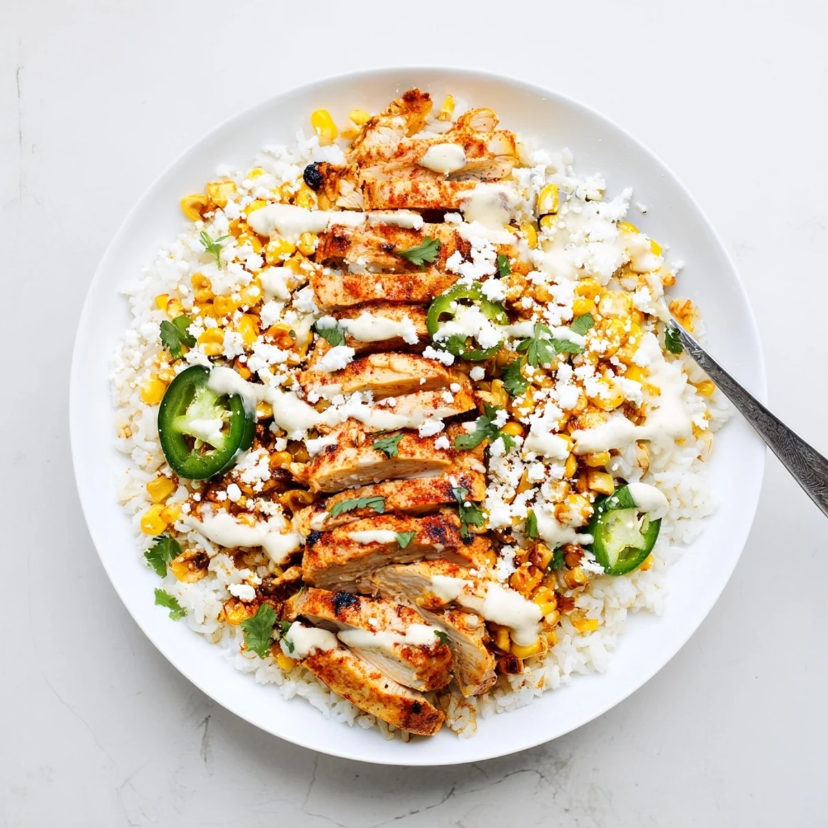 Juicy spiced chicken nestled in a street corn chicken rice bowl with cilantro