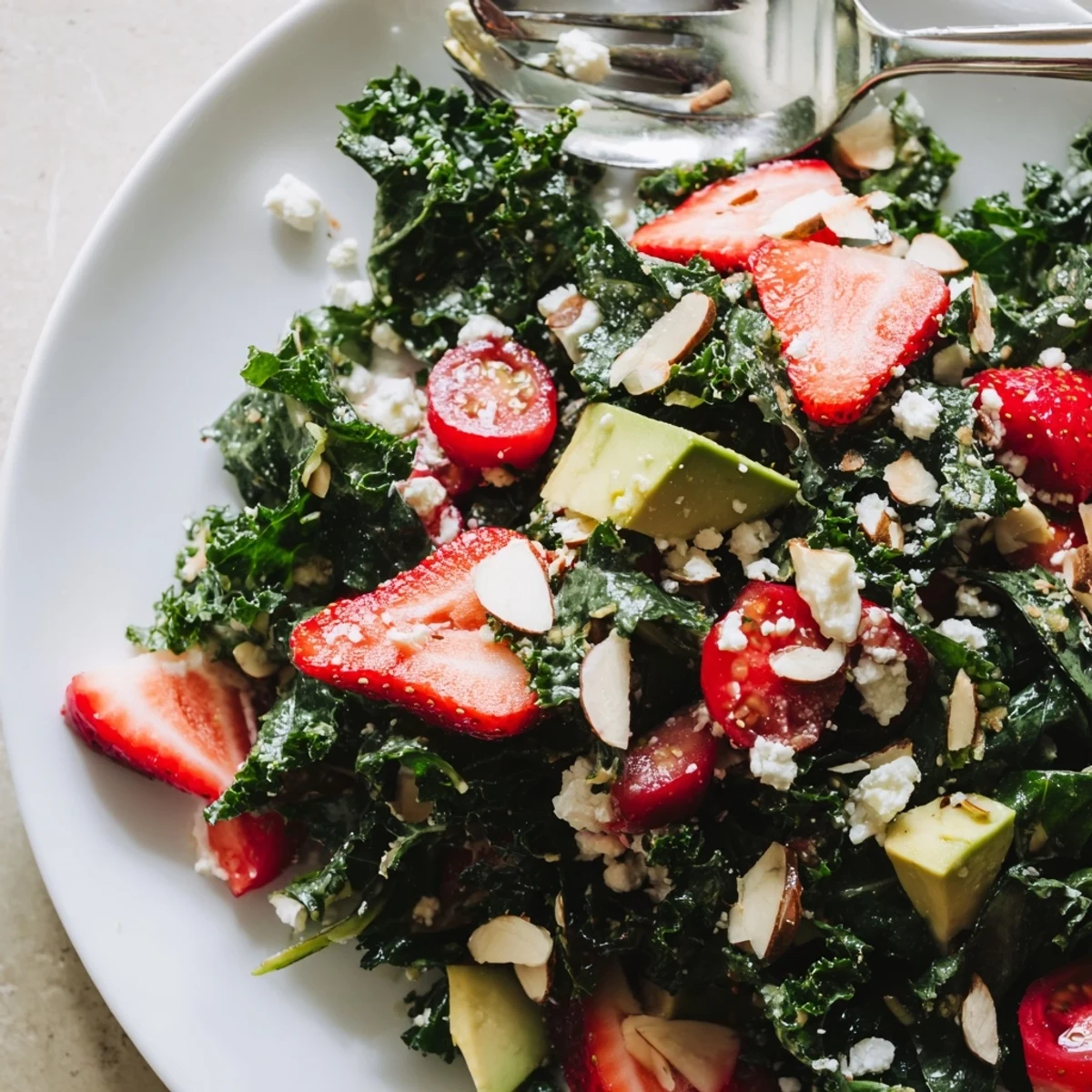 A colorful summer kale salad topped with fresh berries, avocado, and crunchy almonds.