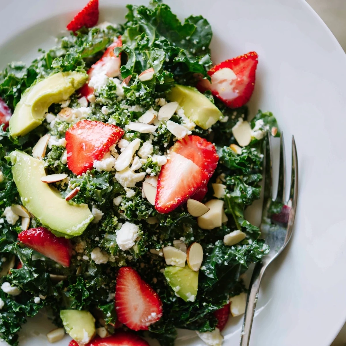 Hearty summer kale salad scattered with feta, sliced strawberries, and toasted almonds.