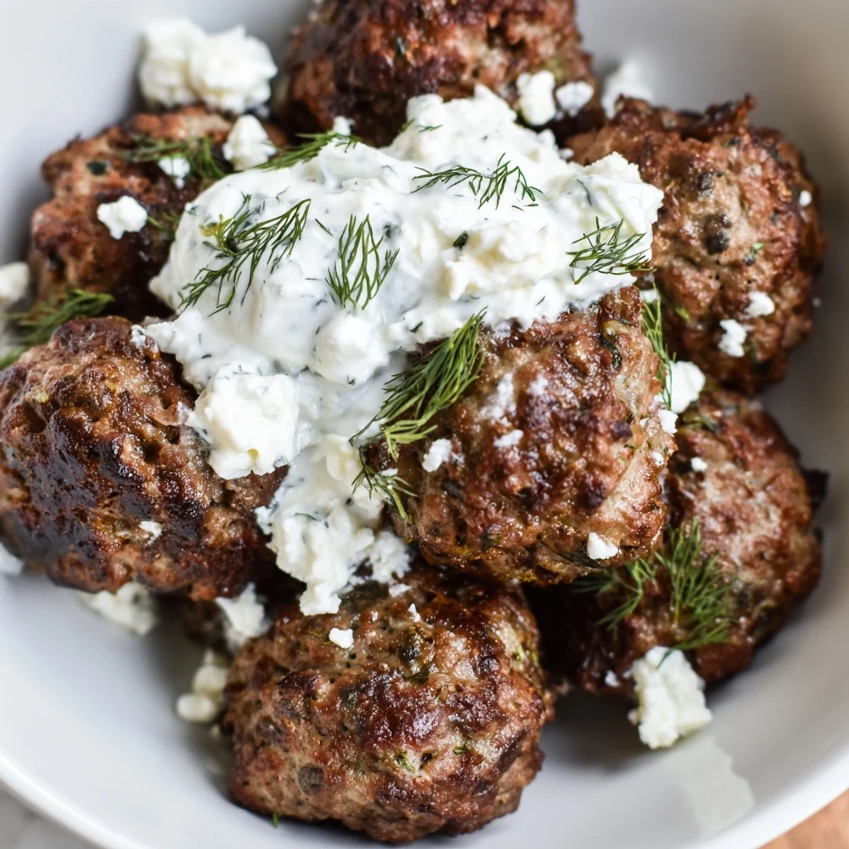 Juicy browned Greek meatball bowl drizzled with creamy tzatziki over fluffy rice