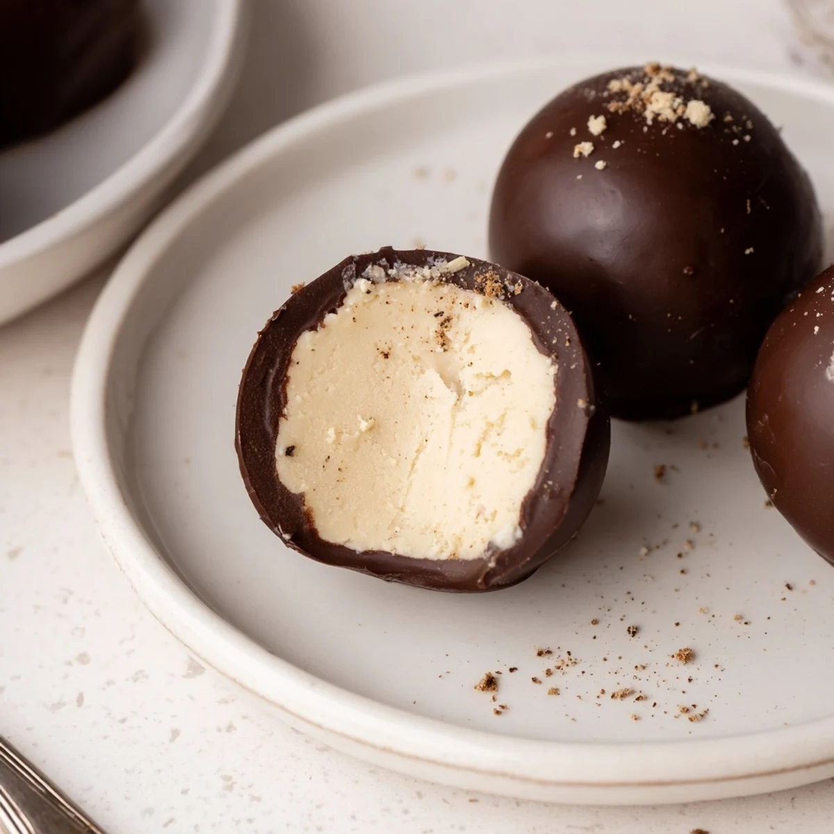 A bite-sized Dark Chocolate Eggnog Truffles assortment dusted with nutmeg, chilled for serving