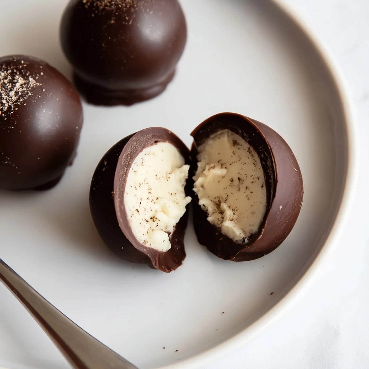 Dark Chocolate Eggnog Truffles glistening with rich shells, creamy spiced centers, holiday platter