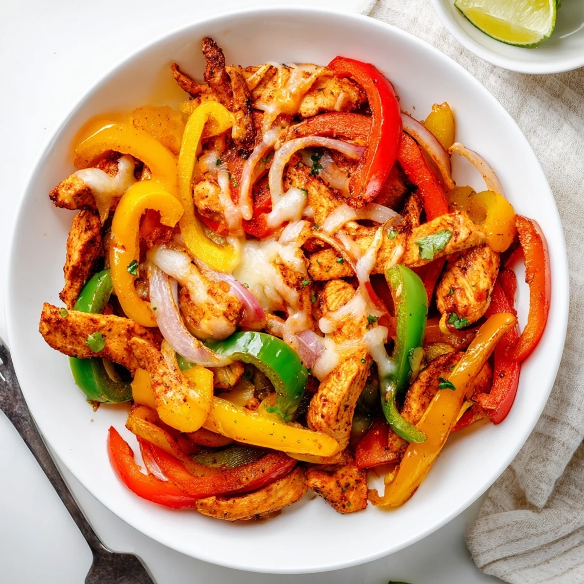Cheesy Baja Chicken Bell Pepper Skillet bubbling with melted cheese and vibrant peppers