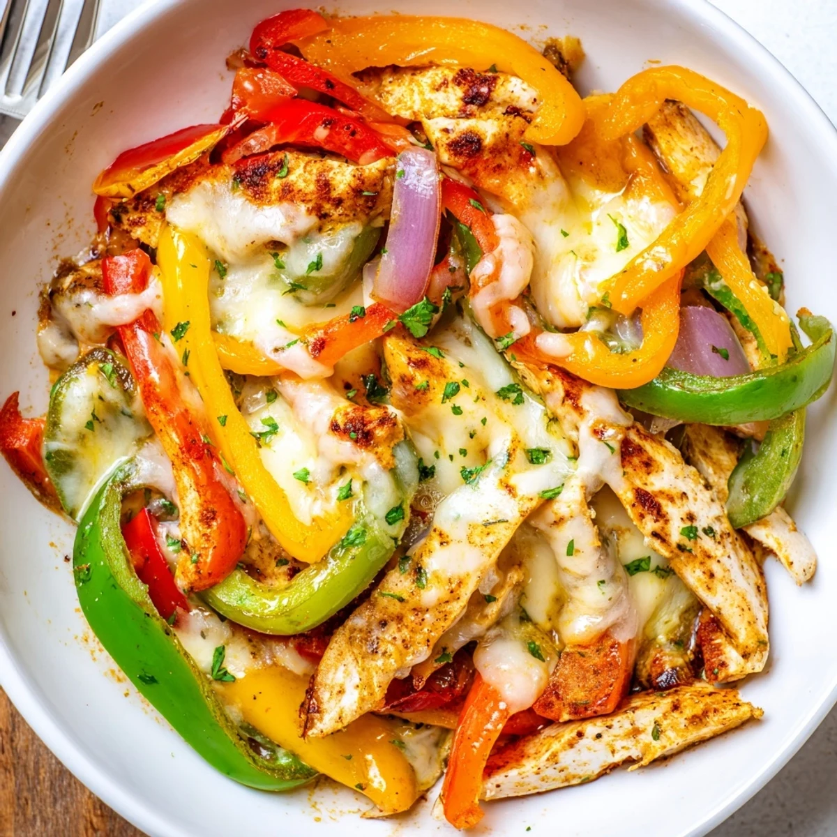 One-pan Cheesy Baja Chicken Bell Pepper Skillet served with warm corn tortillas