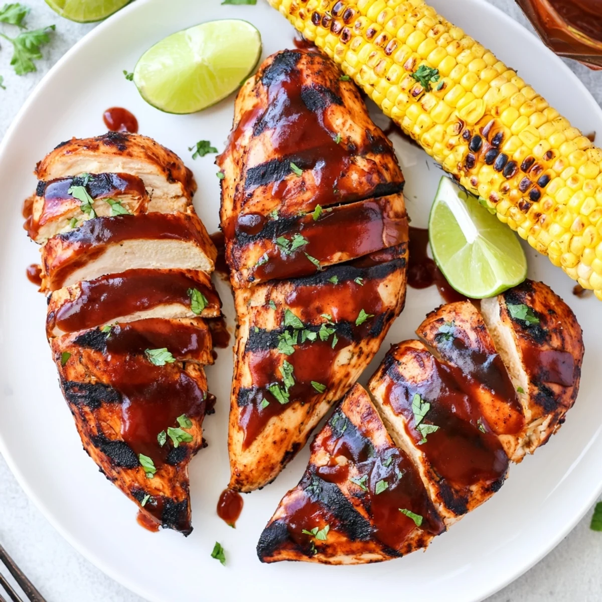 Smoky, juicy BBQ Chicken With Corn plated next to buttered, charred cobs  
