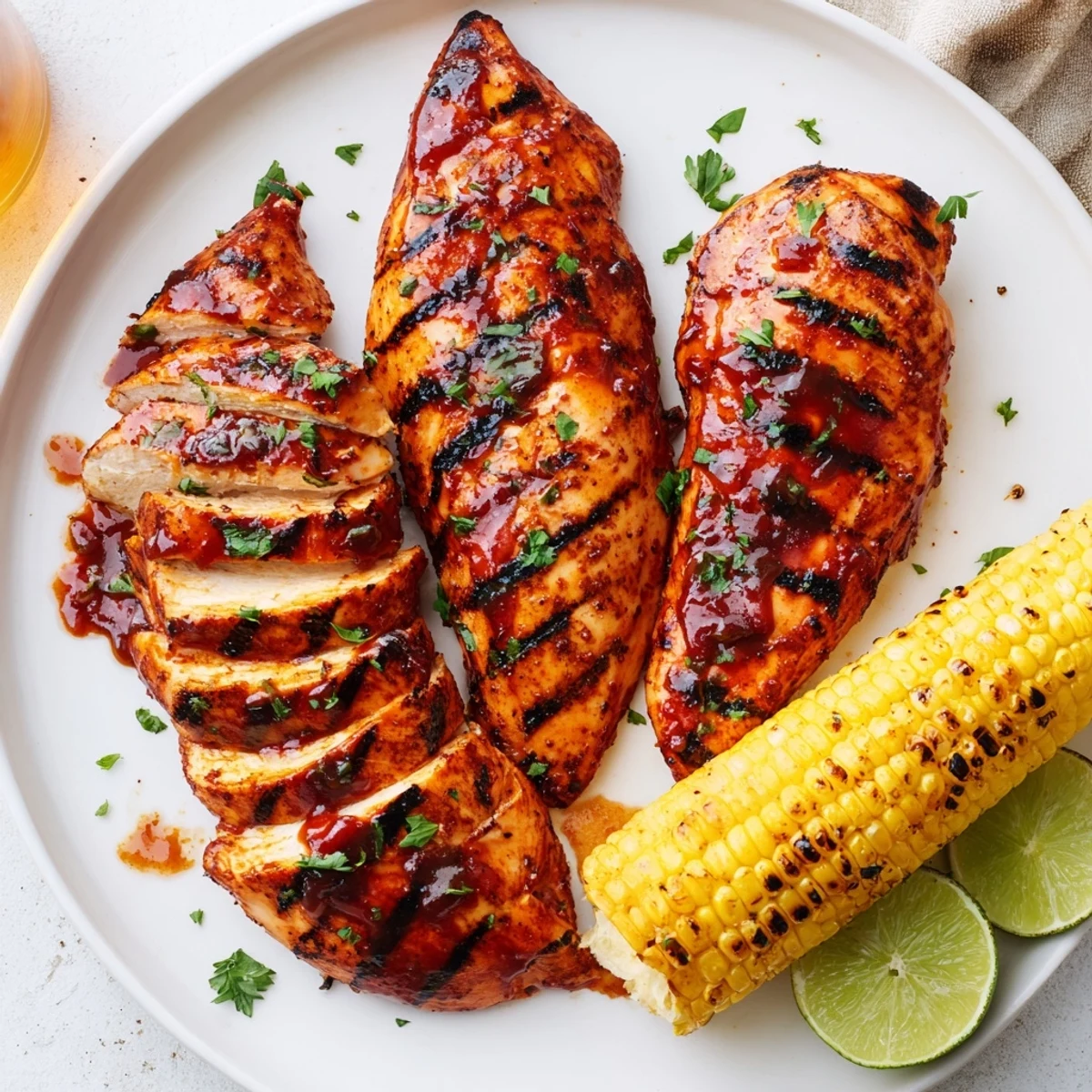 Charred, saucy BBQ Chicken With Corn paired with creamy potato salad and coleslaw