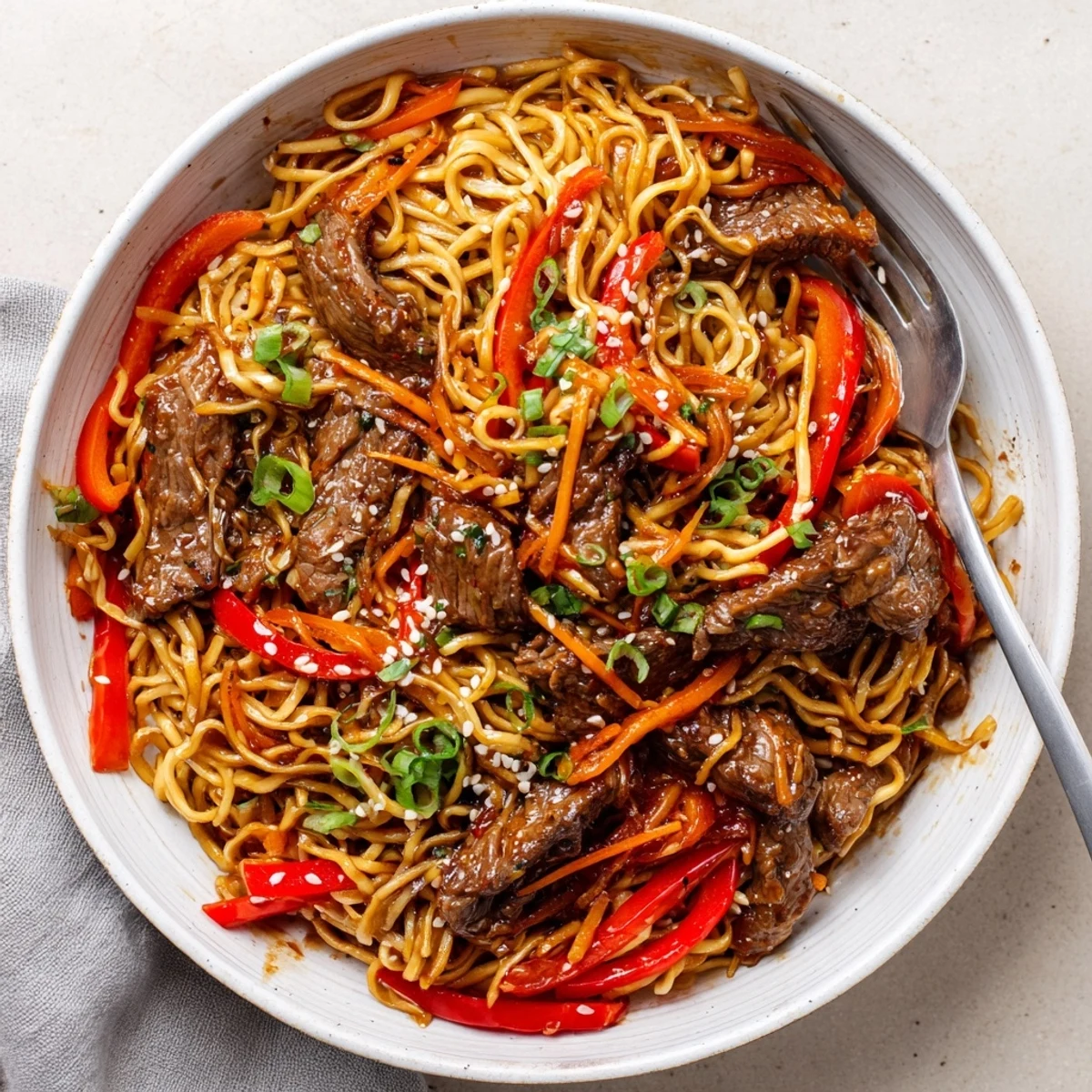Sticky Beef Noodles tossed in glossy hoisin sauce, topped with toasted sesame